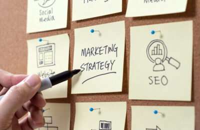 Marketing strategy planning with keywords and icons for business success concept